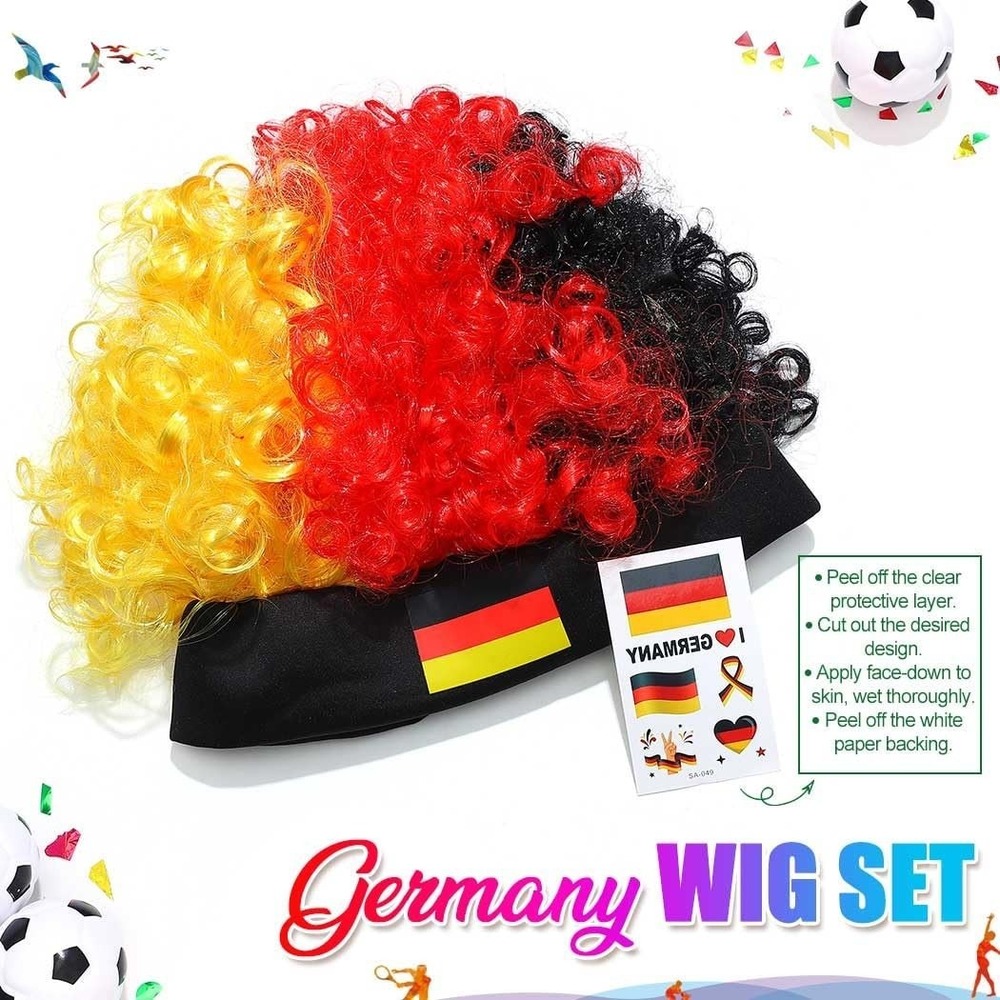 Germany Soccer Fan Wig Set Black Red Gold Curly Afro Octoberfest Cakure BB15